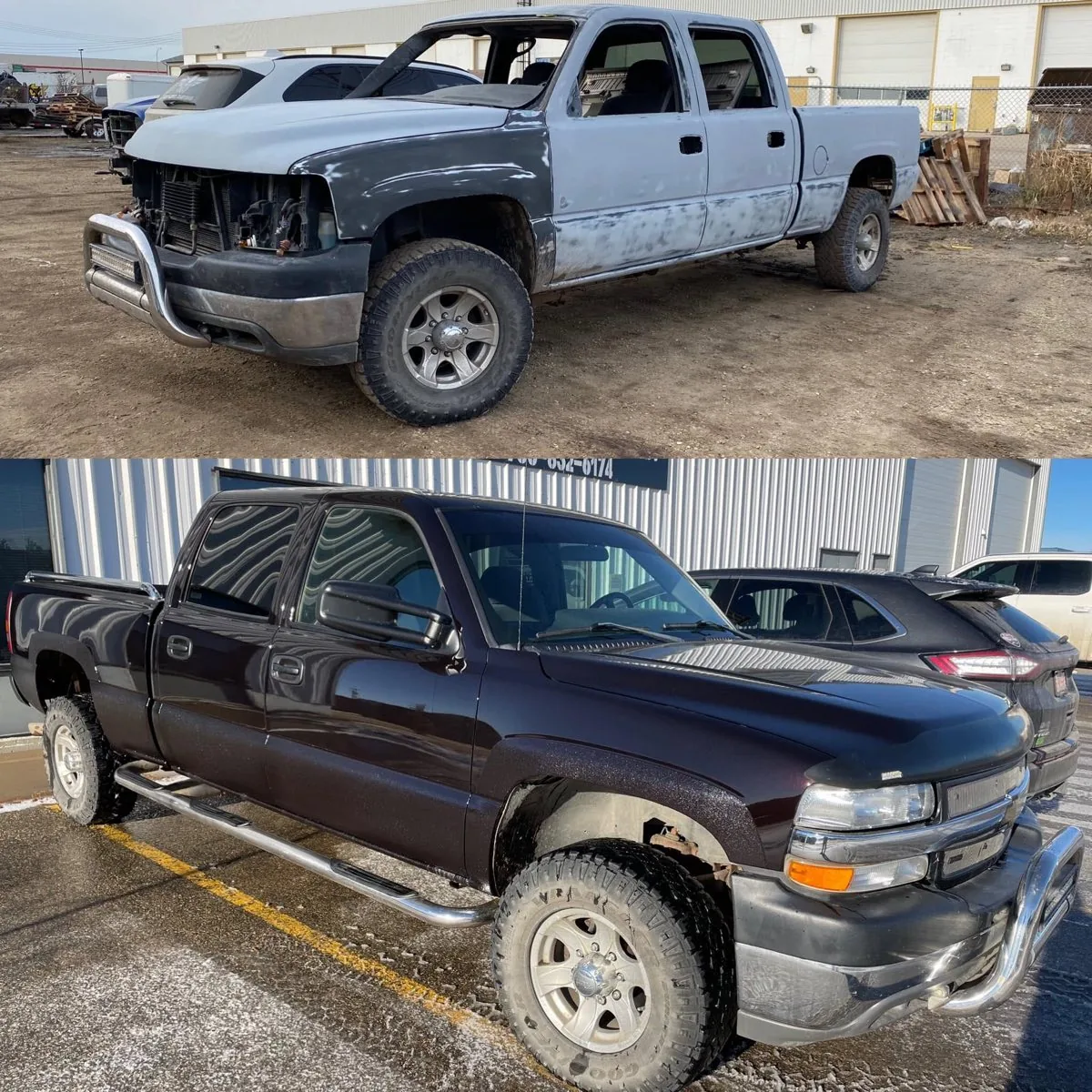 Before and after full repaint of a Chevrolet Silverado HD at Paramount Auto Body in Grande Prairie