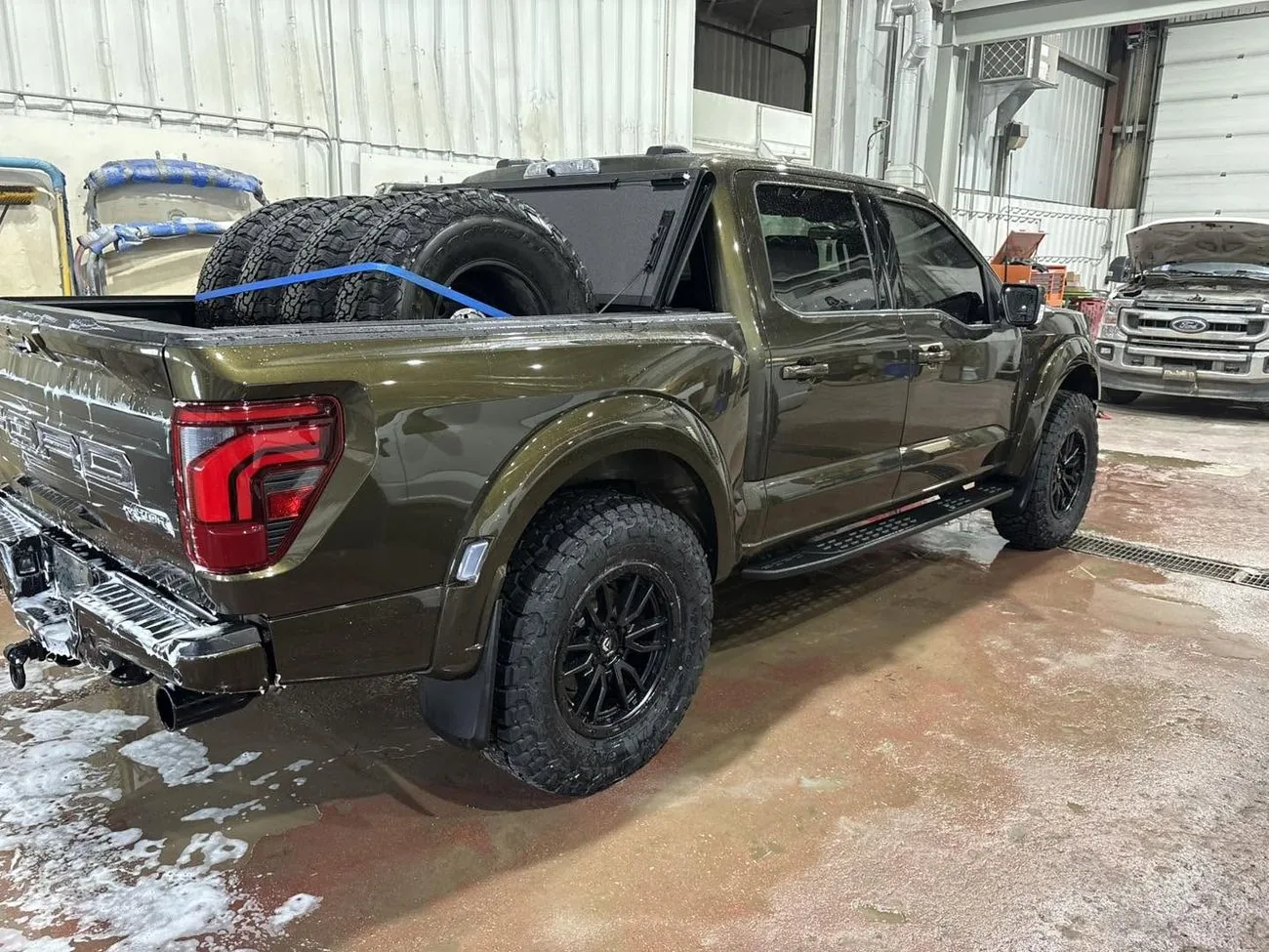 Olive-green Ford Raptor custom paint, rear view