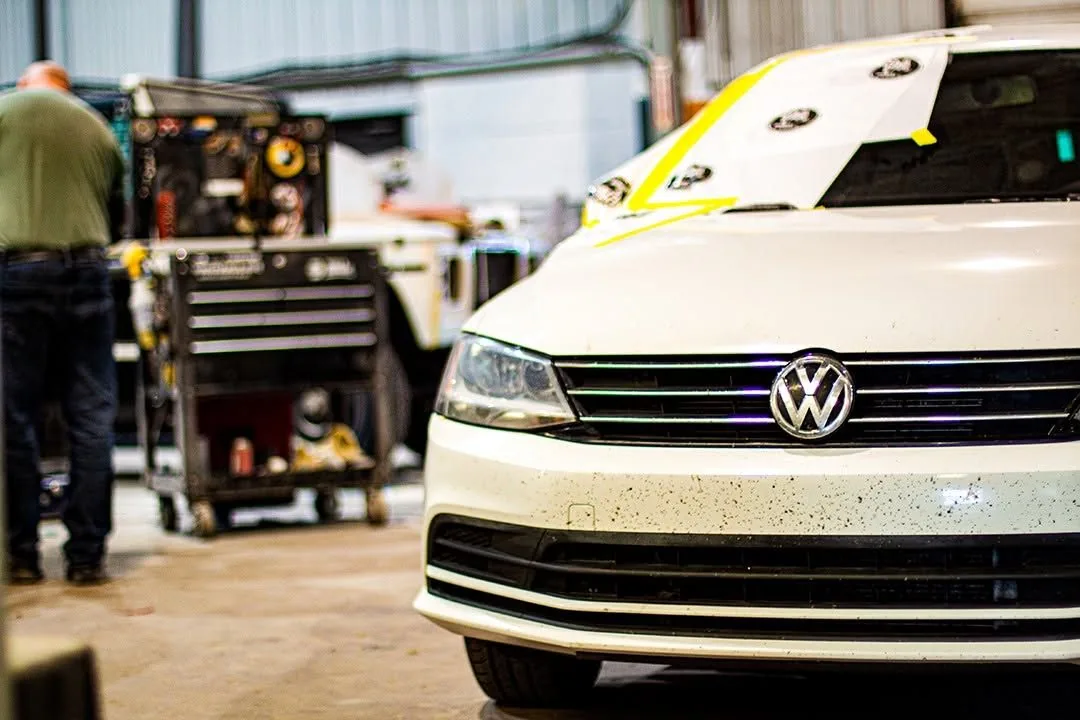 Race-prepped Volkswagen Jetta in the Paramount Auto Body shop